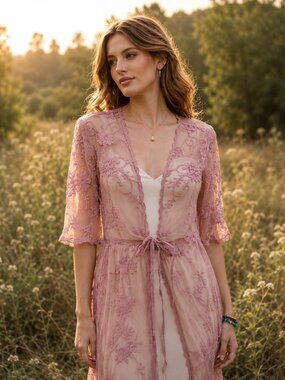 Forgotten Grace Pink Lace Cardigan Duster Tie Front Romantic Boho Topper Sheer